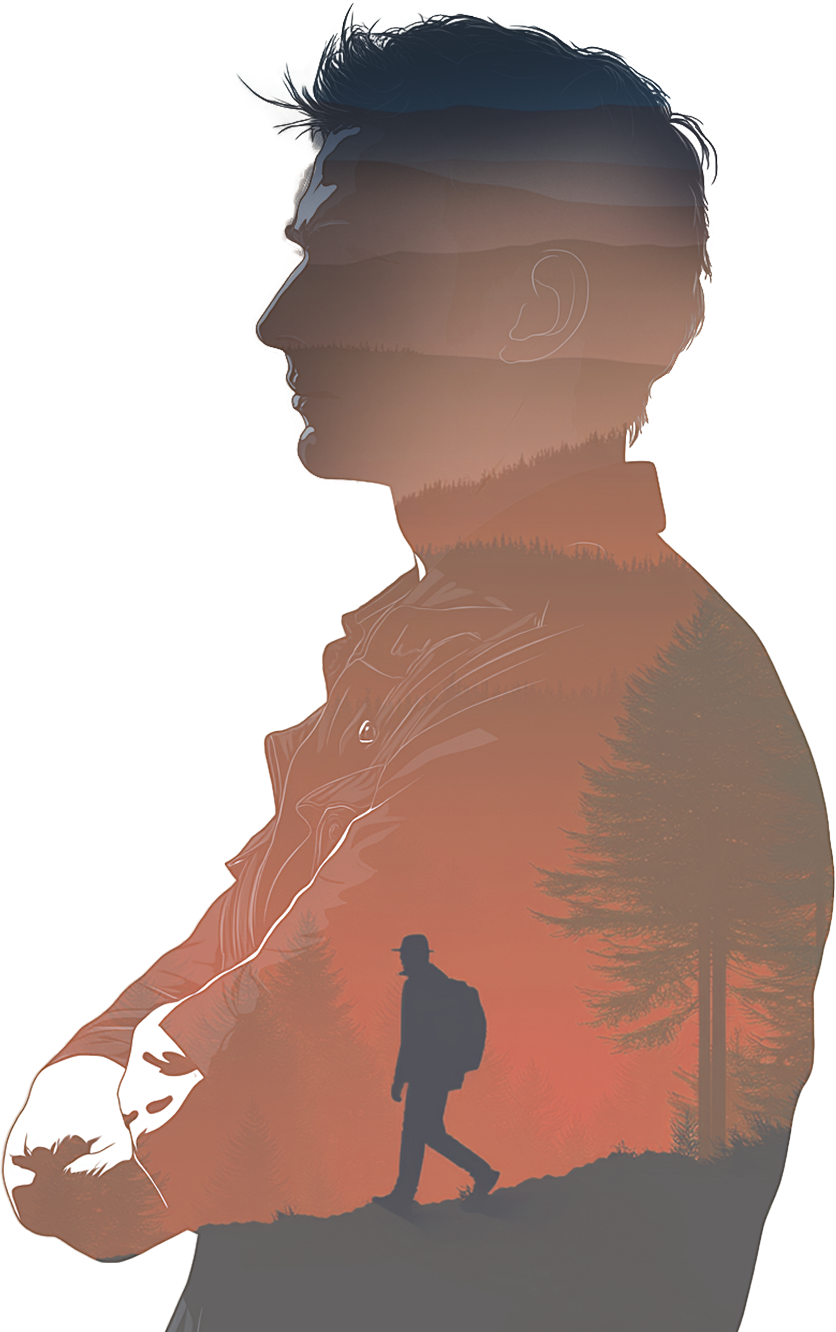 Double exposure photograph of the silhouette of a man with his arms crossed. Inside the photo is the same man walking through a wooded area.